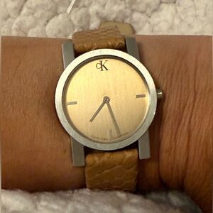 Vintage Calvin Klein Unisex Water Resistant Gold and Tan Genuine Leather Watch